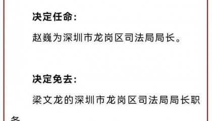 她任深圳一区司法局局长，曾任区委政法委副书记