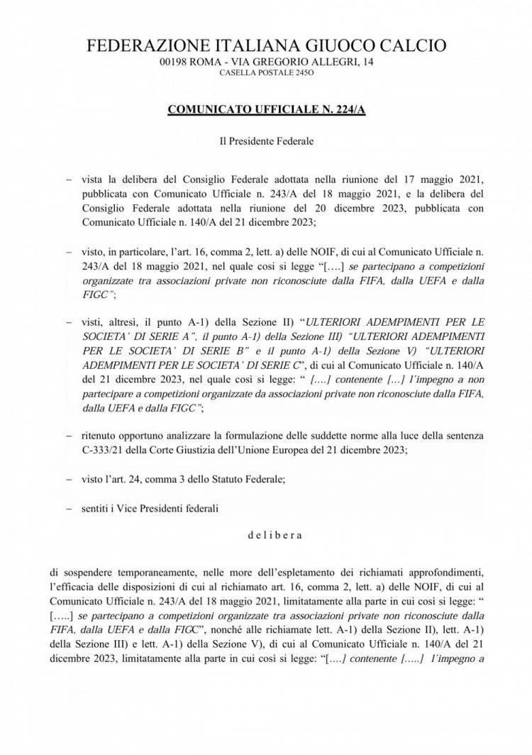 🟢欧超绿灯！意足协官方公告：废除21年5月颁布的反欧超法案
