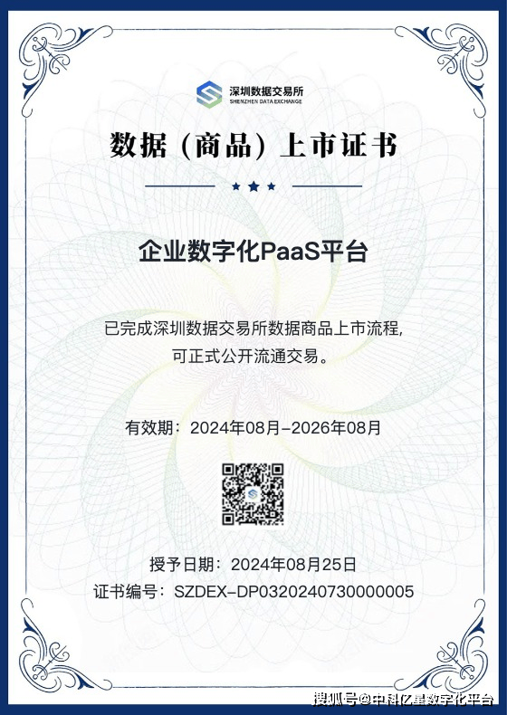 【新闻】中科亿星数字化平台荣获深圳数据交易所“数据（商品）上市证书”